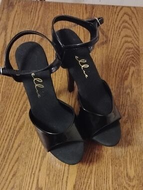 Ellie Black Patent Open-Toe Ankle-Strap Heels